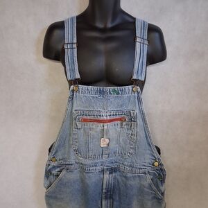 L.C. King Pointer Bib Overalls 44x30 Light Washed Blue Denim Stained Tears USA